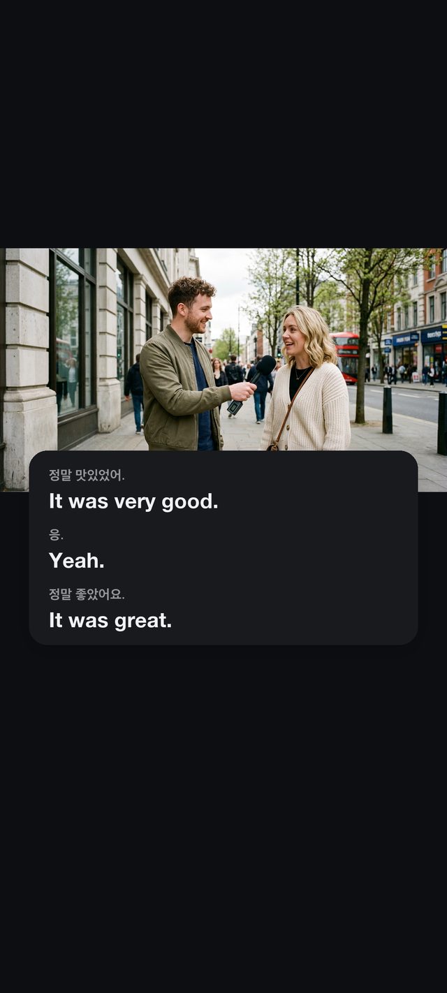 Tablow floating caption window over a street interview video, showing the Korean original and the English translation side by side