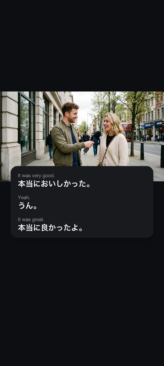 街頭インタビュー動画の上に英語の原文と日本語訳を並べて表示するTablowのフローティング字幕ウィンドウ